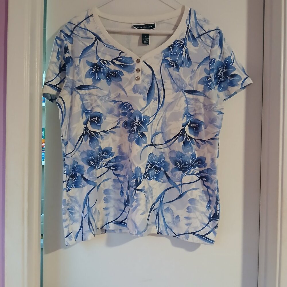 Karen Scott Women's Short Sleeve Floral Print Henley Top